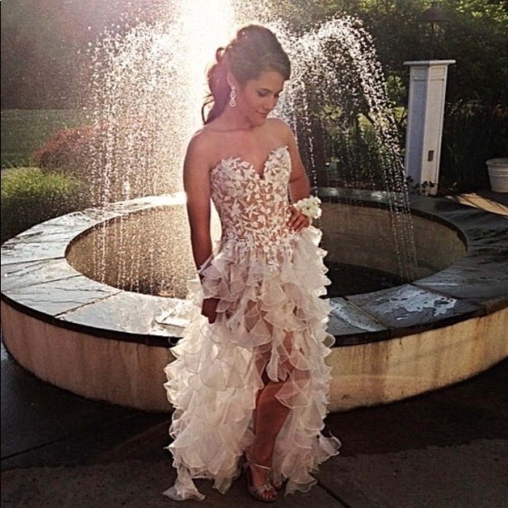 Sherri Hill Ivory White Lace Ruffle High Low Corset Prom Wedding Dress Gown